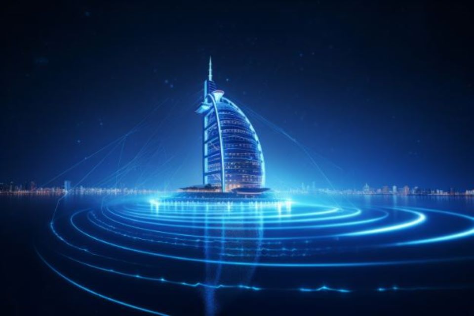 Panoramic views of dubai city illuminated in a neon spectrum