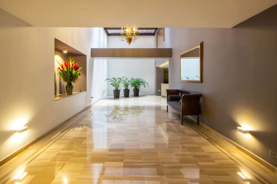 Hotel corridor outside hotel rooms