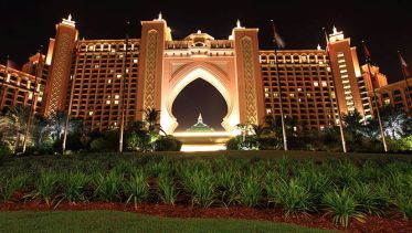 atlantis palm dubai night jumeirah hotel lost imposing stately located shape island man